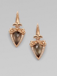 From the Superstud Collection. A glowing baroque setting, edged with diamonds, holds a faceted triangle of smoky quartz layered over mother-of-pearl for a soft, hazy effect in these elegant drops.Diamonds, .13 tcwSmoky quartz and white mother-of-pearlRose goldplated sterling silverLength, about 1¾Post-and-hinge back with 14k gold postImported