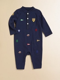 Classic rugby embroidery playfully adorns a cozy cotton coverall for a sporty look.CrewneckLong sleevesButton front placketConcealed bottom snaps for easy on and offCottonMachine washImported Please note: Number of buttons/snaps may vary depending on size ordered. 