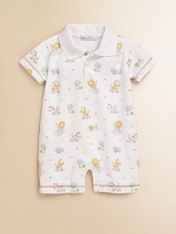 Friendly animals on lightweight cotton will help keep your little guy comfortable as he explores throughout his day. Solid notch collarSnap front closureShort sleevesSnap bottomContrast stitch trim at the cuffs and legsPima cottonMachine washImported