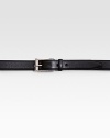 Textured leather belt with rectangular buckle.Dark palladium hardwareAbout 1¼ wideMade in Italy