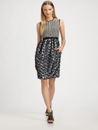 A softly pleated, wonderfully textural skirt crowned by a tailored, graphic bodice.Jewel necklineSleevelessBanded waistBack zipAbout 22 from natural waistBodice: silkSkirt: 71% cotton/18% silk/11% nylonLining: silkDry cleanMade in USA of imported fabric