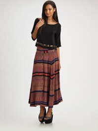 This season's must-have midi silhouette, interpreted in boldly-striped silk.High waist, belted Belt at lower waist Dropped yoke Button front Pullover style About 37 long Silk Dry clean ImportedOUR FIT MODEL RECOMMENDS ordering true size. 