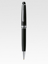 Ballpoint with twist mechanism at tip, with barrel and cap made of precious resin and floating logo emblem.BallpointPlatinum-plated clipResin with inlaid logo emblemAbout 5½ longMade in Germany