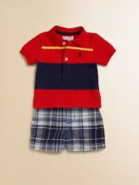 Sure to be a go-to essential, a timeless set pairs a classic polo with a preppy madras short and matching grosgrain ribbon belt. Shirt Ribbed collarShort sleevesButton frontUneven vented hem Shorts Button closureFaux flyBack elastic waistband with belt loops and grosgrain belt with D-ring closureHand pocketsBack welt pocketsCottonMachine washImported Please note: Number of buttons may vary depending on size ordered.