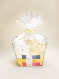 Lots and lots of little quackers appear all over this set of great essentials for baby. Packaged in reusable cellophane-wrapped metal and vinyl basket.