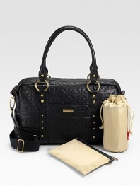 Stylish diamond-quilted leather bag features a removable thermo-insulated bottle holder, a padded changing mat, key-ring clip and individual compartments for baby's necessities, including a cell phone compartment.Adjustable, removable shoulder strap, 22 drop Top zip closure 11H X 17½W X 5½D Imported