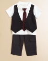 Your little boy will look like a man in this handsome two-piece set that's topped with a layered-look vest and tie. Vest Crewneck with attached tieShort sleevesVest has buttons Pants Elastic waistbandSide flap patch pocketCottonMachine washImported Please note: Number of buttons may vary depending on size ordered. 