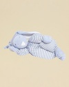 Soft velboa with pastel stripe jersey knit union suit body is perfect for snuggling. Matching stocking cap Embroidered eyes Long fuzzy soft ears Polyester fill 22 L Machine wash Imported Recommended for infants and up