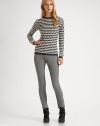 Accented with cool, silvertone zippers, these sexy skinny pants make a streamlined and stylish silhouette.Zip-fly with single snap closureBelt loopsDual zippered welt front pocketsTrapunto stitch at kneeSkinny fit50% nylon/46% viscose/4% elastaneDry cleanImported