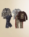 Five easy pieces add up to a whole wardrobe of effortless style for your little guy.One striped, long sleeve henley tee with button placketOne crewneck tee with a graphic bull screen and layered-look long sleevesOne long sleeve, crewneck tee with a Mexican cowboy stamp designOne pair of elastic-waist, denim look knit pantsOne pair of elastic-waist knit pants with contrast sides and stitchingCottonMachine washImported