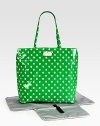 A mod, polka dot baby bag with matching changing pad for the stylish and sophisticated mom on-the-go.Double top handles, approximately 10 dropSpring clip strap top closeOne inside open pocketOne inside zip pocketWipe-clean liningPoplin-backed nylonApproximately 13½W X 12H X 10DImported