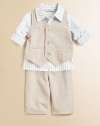 Your little man will look all grown up in this sophisticated set that includes a classic vest, striped shirt and matching pants for a polished ensemble. Vest V-neckSleevelessButton front Shirt Shirt collarLong sleevesButton front Pants Elastic waistbandShirt & Vest: CottonPants: 78% cotton/22% linenMachine washImported Please note: Number of buttons may vary depending on size ordered. 