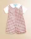 Crafted in luxurious silk, this dainty plaid shortall set dresses up baby in a snap.Overall CrewneckSleeveless with shoulder buttonsBottom snaps for easy on and offShirt Peter Pan collarShort sleevesFront buttonsSilkDry cleanImported Please note: Number of snaps may vary depending on size ordered. 