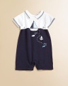 Rendered in plush, cozy cotton, this adorable sailor-inspired one-piece knit will make a splash.Point collarShort sleevesBack buttonsWaistband with button detailBottom snaps for easy on and offCottonMachine washImported Please note: Numbers of buttons and snaps may vary depending on size ordered. 