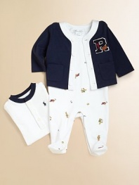 An adorable coordinating set, highlighted by a signature rugby bear print, features a preppy cardigan, tank coverall and Henley bodysuit. Cardigan V-neckLong sleevesButton frontPatch pockets Coverall CrewneckLong sleevesShoulder snapsBottom snaps Bodysuit Ribbed crewneckButton frontRing-snap closureCottonMachine washImported Please note: Number of buttons/snaps may vary depending on size ordered. 