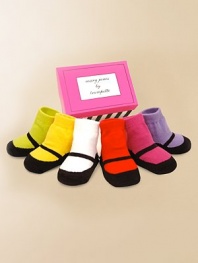 The sweetest socks baby will ever wear! Six pairs in assorted brights are packaged in a very special shoe box. Perfect for giving. Non-skid bottoms Appropriate for ages 0-12 months Cotton; machine wash Imported