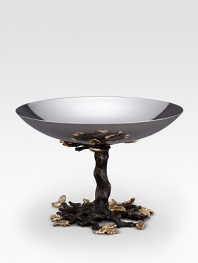 An artisan-crafted candy dish that captures the beauty of the mulberry tree, handmade with a fanciful brass-branch base, hand-antiqued and finished with goldplated leaves. From the Mullbrae CollectionStainless steel serverBrass-branch base with 24k goldplated leaves7H X 4 diam.Hand washImported