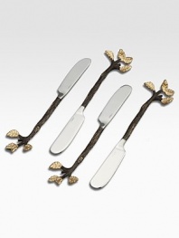 A set of artisan-crafted spreaders that capture the beauty of the mulberry tree, handmade with a fanciful brass-branch handles, hand-antiqued and finished with goldplated leaves. From the Mullbrae CollectionSet of 4Stainless steel serverBrass-branch handles with 24k goldplated leavesEach: 5 longHand washImported