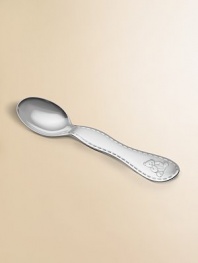 A handsomely crafted, silverplated baby spoon detailed with cuddly teddy bears. About 5 long Hand wash Made in France
