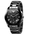 Nothing but extraordinary. This Emporio Armani watch features a black ceramic bracelet and round stainless steel case. Black chronograph dial with silvertone Roman numerals, logo, date window and three subdials. Quartz movement. Water resistant to 30 meters. Two-year limited warranty.