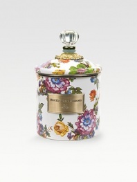A garden-fresh lidded canister makes a cheery kitchen container or home organizer, crafted in hand-glazed and -decorated steel with bright florals, bronze hardware and a clear acrylic knob. Enameled steel 38-ounce capacity 4¼H X 5 diam. Dishwasher safe Imported 