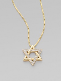A sparkling, Star of David pendant on a 18k gold box chain necklace. Diamonds, 0.13 tcw18k goldPendant size, about ¾Length, about 16 to 18 adjustableLobster clasp closureImported 