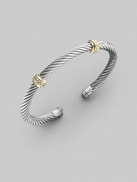 From the Thoroughbred Collection. A signature Yurman sterling silver cable, richly adorned with two textured bands of 14k gold. Sterling silver & 14k yellow gold Cable, 5mm Diameter, about 2¼ Made in USA