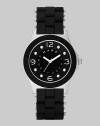 A sleek, understated timepiece with stainless steel accents and silicon wrapped bracelet.Quartz movement Water resistant to 3 ATM Stainless steel case, 36.5mm, (1.43) Black dial with concave ring Numeral and dot hour markers Second hand Silicon wrapped stainless steel bracelet, 18mm, (.71) Imported 