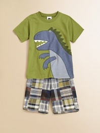 A handsome knit set with T-Rex appliqué and a pair of preppy plaid shorts, creating the ultimate boyish ensemble. Tee CrewneckShort sleevesT-Rex appliquéCottonImported of domestic fabric Shorts Elastic waistbandTwo front side pockets70% cotton/30% nylonMachine washImportedAdditional InformationKid's Apparel Size Guide 