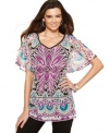 Come on, get free! Featuring pops of ultra-feminine colors of the season, this printed mesh tunic from Alfani offers an stylish, comfortable coordinate for both night and day wear.