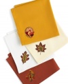 Touch of fall. Cotton twill napkins combining warm seasonal hues and embroidered leaves, turkeys and more put a fresh finishing touch on the harvest table. (Clearance)