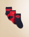 Three distinctive pairs of sporty, cotton-rich socks share a bold palette, one stripe, one argyle and one solid.Ribbed cuffEmbroidered contrast polo player logo82% cotton/17% nylon/1% spandexMachine washImported