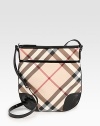 Iconic Burberry check on sleek PVC in a versatile crossbody silhouette.Adjustable shoulder strap, 18¾-22¼ dropTop zip closureOne outside snap pocketOne inside zip pocketTwo inside open pocketsCotton lining11¼W X 11¼H X 3/4DImported