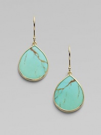 The natural beauty of turquoise, elegantly framed in a slender setting of 18k gold. Turquoise 18k yellow gold Drop, about 1 Ear wire ImportedPlease note: Due to the characteristics of natural stone, color and pattern may vary slightly. 
