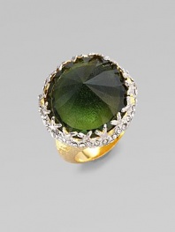 This stunning 18k goldplated piece features a single circular green tourmaline stone. Brass Silvertone setting Width, about 1 Made in USA 
