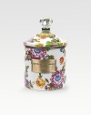 A garden-fresh lidded canister makes a cheery kitchen container or home organizer, crafted in hand-glazed and -decorated steel with bright florals, bronze hardware and a clear acrylic knob. Enameled steel 38-ounce capacity 4¼H X 5 diam. Dishwasher safe Imported 