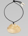 This lustrous Mother of Pearl pendant is suspended from a delicate cotton cord.Mother of PearlCotton cording Length, about 15Pendant, about 5W X 4½HTie closure with Mother of Pearl tipsImported