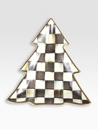A festive handcrafted ceramic dish in a checkerboard juxtaposition of ivory and onyx with gold luster. The perfect addition to the holiday table table.Hand-painted and glazed8W x 8½HHand washMade in USAPlease note: Pattern may vary. 