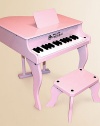 Award-winning baby grand is elegantly designed, yet extremely durable and sturdy. The 30 full-sized keys provide your child the opportunity to learn proper finger stretch, basic music concepts and playing skills. Chromatically tuned Chime-like notes Play-by-color with removable color strip Songbook included For ages 3 and up High gloss finish on hardboard 23 lbs. Piano: 20W X 19¼H X 20½D Bench: 12W X 9¼H X 5¾D Imported