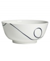 Vera Wang combines her passions for skating and design in the everyday fine Glisse serving bowl. An indigo-blue ribbon follows the path of a twirling figure skater, sweeping across smooth, snow-white bone china with modern grace.