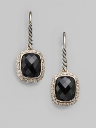 From the Noblesse Collection. A squared drop of faceted black onyx, framed by sparkling diamonds, hangs from a cable of sterling silver. Diamonds, 0.42 tcw Black onyx Sterling silver Drop, about ½ Ear wire Imported
