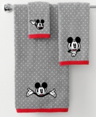 See you real soon! The ever-lovable Mickey Mouse steals the show in this bath towel from Disney, featuring a jacquard woven polka dot backdrop with an embroidered Mickey face. Finished with red trim.