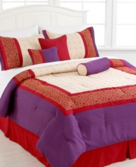 Vibrant tones of purple and red are softened by a pale yellow in this Vera Cruz comforter set, featuring intricate embroidery details in two distinct designs. Shams, bedskirt and decorative pillows complete this bold look that makes a grand statement in any bedroom.