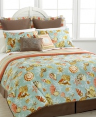 Under the sea! A fun and vibrant seashell pattern sits on a ground of soothing aqua that is reminiscent of serene ocean water in this Barbado comforter set. Comforter reverses to an allover stripe pattern in coordinating hues while bedskirt and European shams offer solid-colored accents. Two decorative pillows features seashell and stripes accents to tie this seaside-inspired look together.