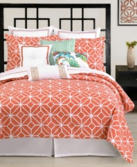 Create a beachside getaway in your room with this Trina Turk Trellis Coral duvet cover set, featuring soothing coral and white hues. A latticework and floral pattern gives this set a whimsical appeal. Button closure.