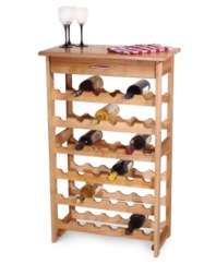 Display your affinity for wine with this 36-bottle storage wine rack. The tilted racks raise the end of the bottles, which keep corks wet. Convenience drawer can hold wine openers, stoppers, and napkins. Made of solid North American hardwood. Lacquered top. One-year warranty.