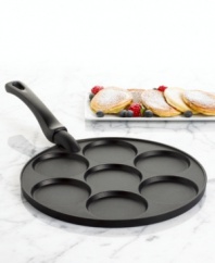 Perfectly circular for the perfect portion-this silver dollar pan makes 7 mini pancakes with little to mess. Simply pour the batter on the nonstick heavy cast aluminum pan and enjoy delicate, thin treats in no time at all. 10-year warranty.