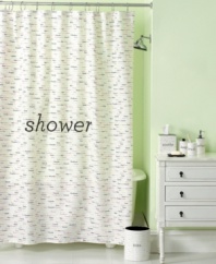 An adorable typeface presents repeating synonyms in sweet pastels upon this pure cotton shower curtain, offering a smart and simple update for any bathroom.
