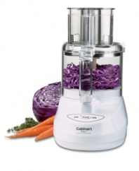A staple of the busy home kitchen. This 7-cup food processor shreds, slices, mixes, purées, kneads and more. Powerful, quiet motor. Work bowl is made from shatterproof, heat- and cold-resistant Lexan® for durability and long life. Easy-to-use controls. Features Cuisinart® Supreme (TM) feed tube. Additional extra-large feed tube is for slicing and shredding of whole fruits and vegetables. Stainless steel blades include medium slicing disc, medium shredding disc and chopping blade. Scrape the bowl clean with the convenient spatula. All parts are dishwasher safe. Detachable disc stem makes for simple, compact storage. Comes with a how-to video and instruction/recipe book that provide tips, techniques and meal ideas. Ten-year limited warranty on motor; three-year limited warranty on entire unit. Model DLC2007.