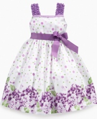 Bubble over. Her personality will shine in this charming polka-dot and floral border-print dress from Rare Editions.
